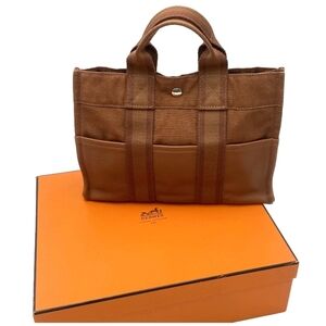 Hermes Foule PM Canvas Half Leather Brown Tote Bag W/Box